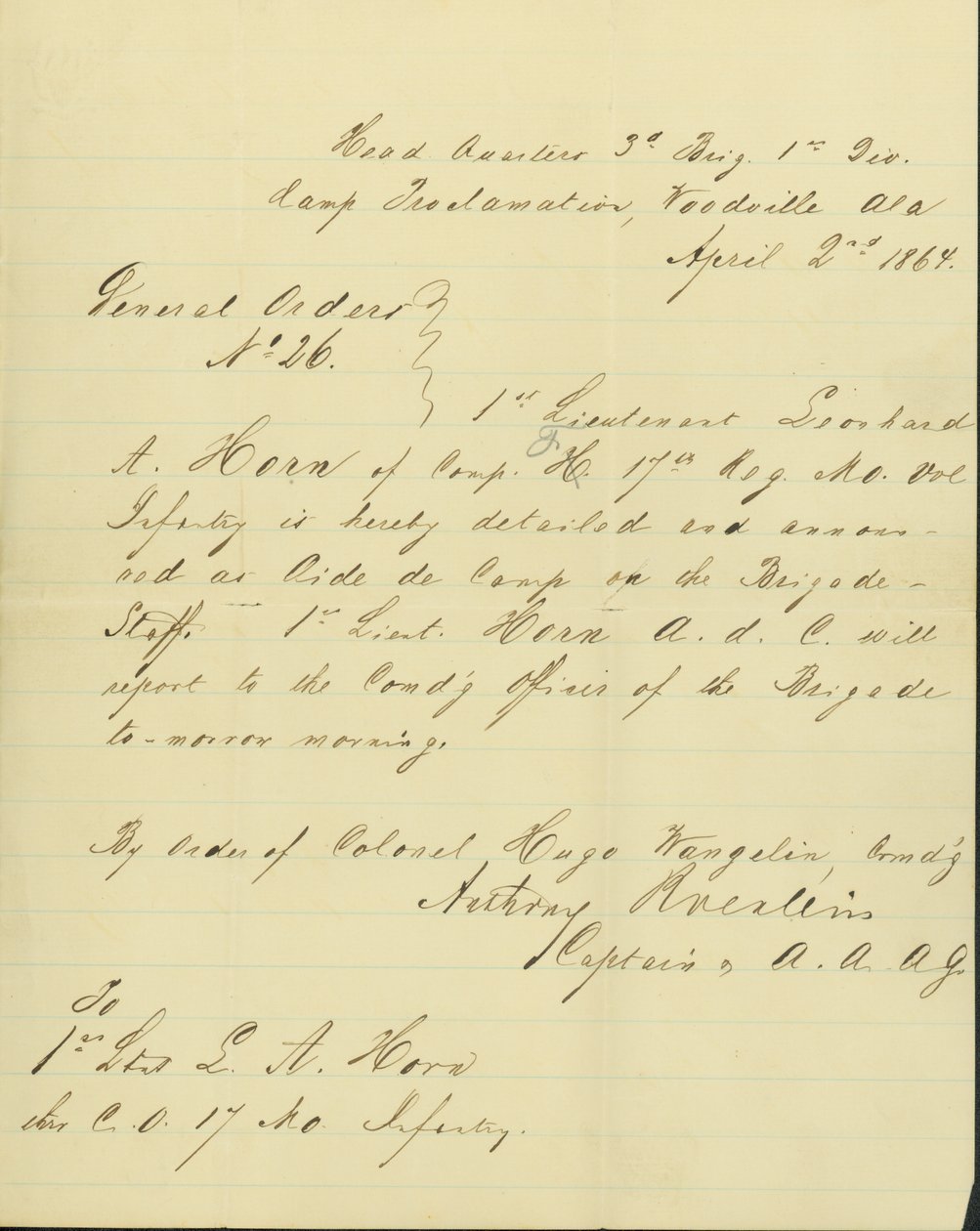 Aankondiging dat Leonard A. Horn is aangesteld als Adjudant op de Brigade Staf door Unknown