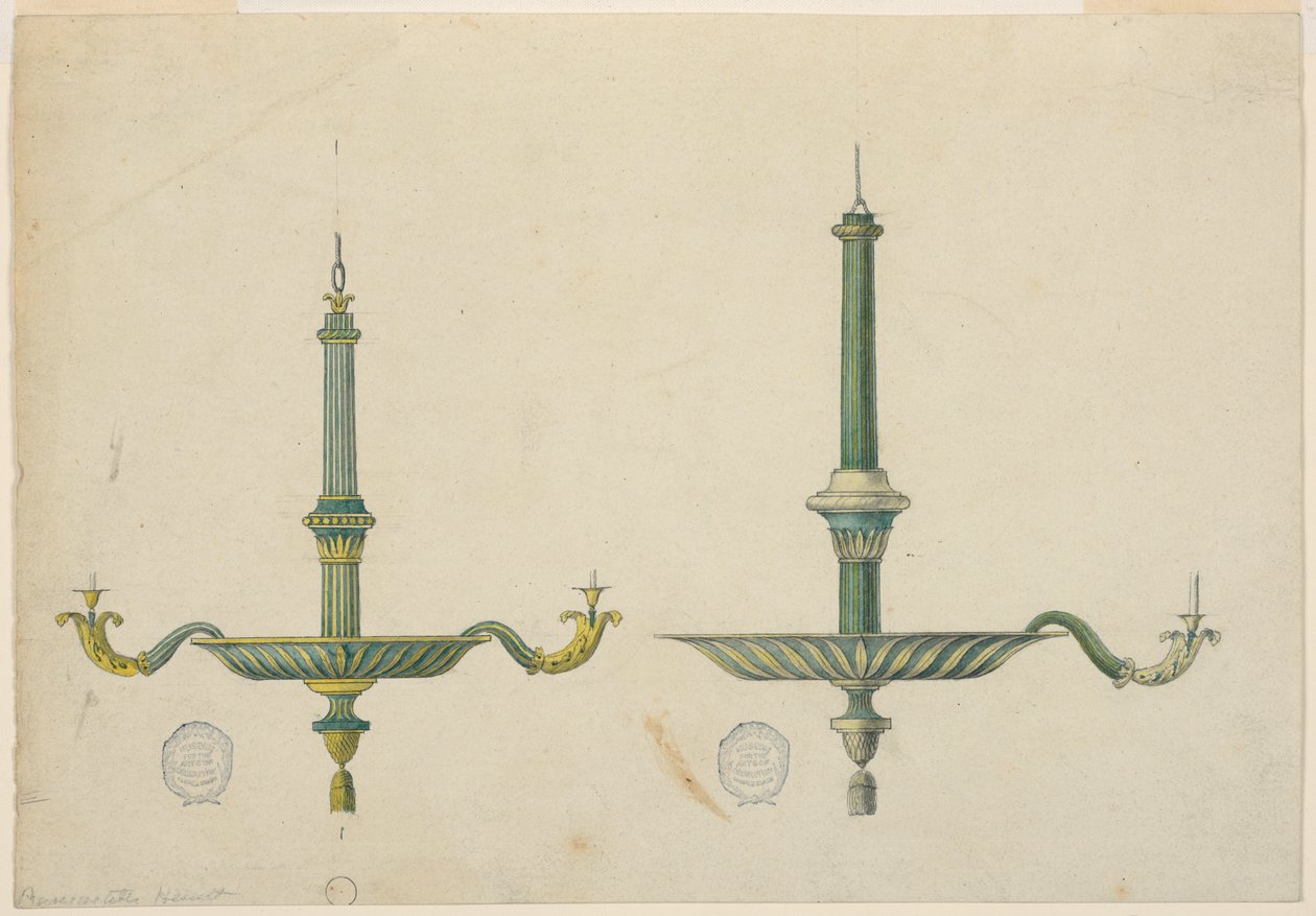 Tekening, twee elevaties voor een kroonluchter door Unknown