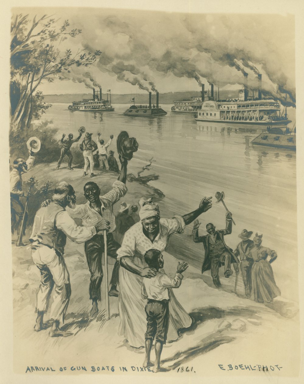 Afbeelding van mensen (voornamelijk Afro-Amerikanen) die feestvieren aan de oever van een rivier, waar een vloot kanonneerboten vaart door Unknown