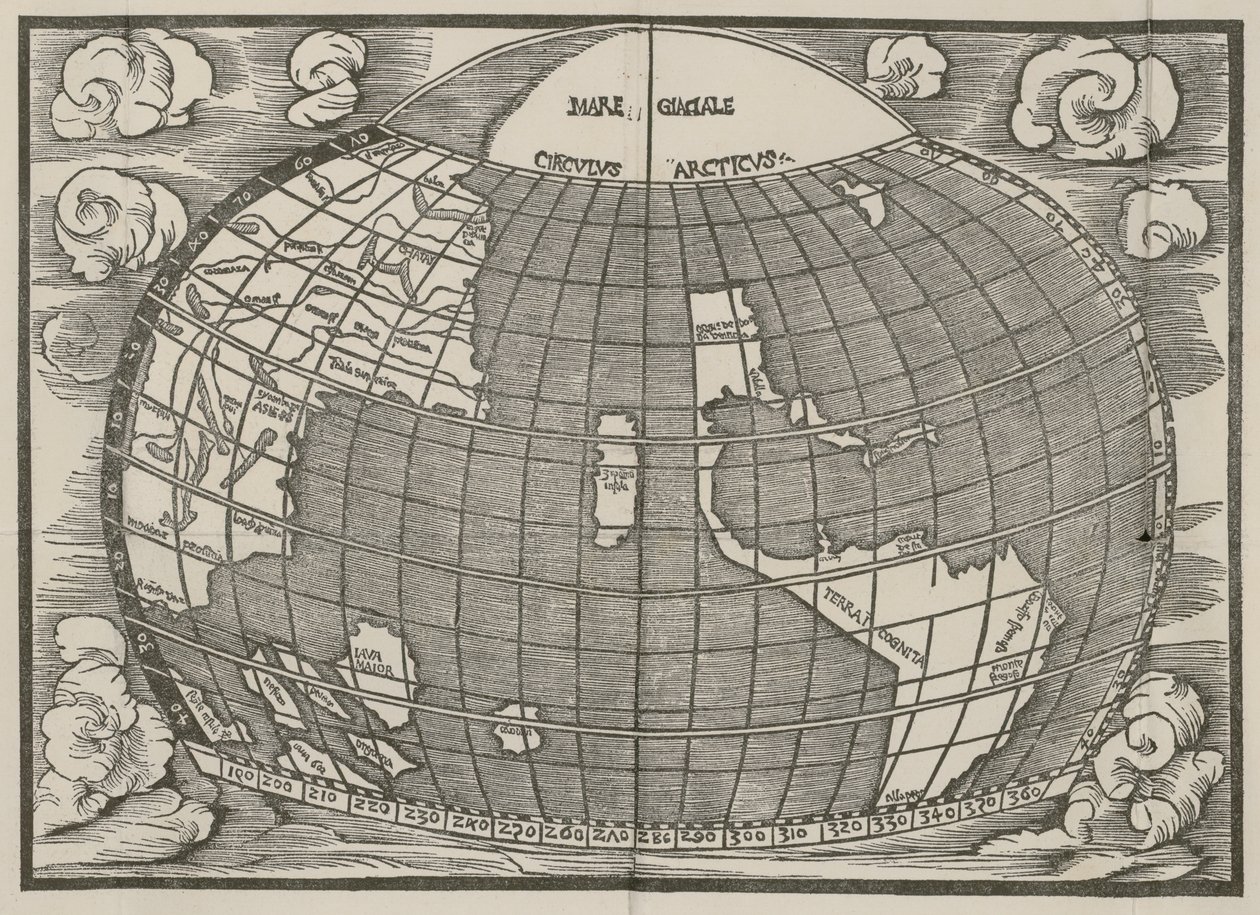 Kaart van Noord- en Zuid-Amerika die de verbinding van de twee continenten door een isthmus toont. Gepubliceerd in Introductio in Ptholomei Cosmographiam (Inleiding tot de Kosmografie van Ptolemaeus) door Jan van Stobnica, 1512 door Unknown