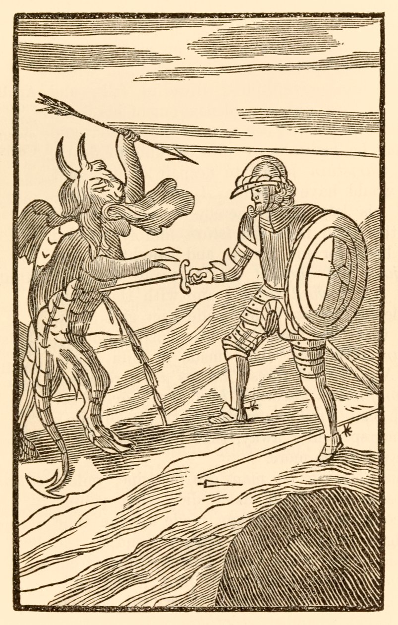 "Een ongelijkere strijd kan nauwelijks zijn: Christen moet vechten tegen een Engel" uit "De Pelgrimsreis Van Deze Wereld, Naar Die Welke Komt" door John Bunyan door Unknown