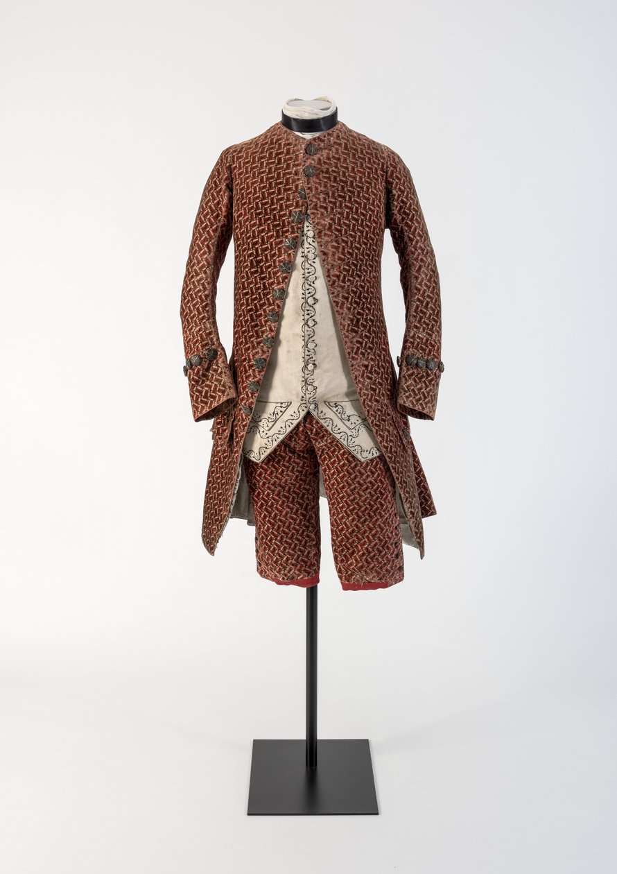 Mans rode geweven fluwelen jas en kniebroek, 1750s door Unbekannt Unbekannt
