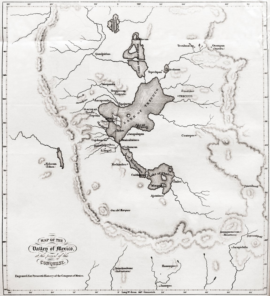 Kaart van de Vallei van Mexico ten tijde van de verovering, uit Geschiedenis van de Verovering van Mexico, gepubliceerd in 1850 door Unbekannt Unbekannt