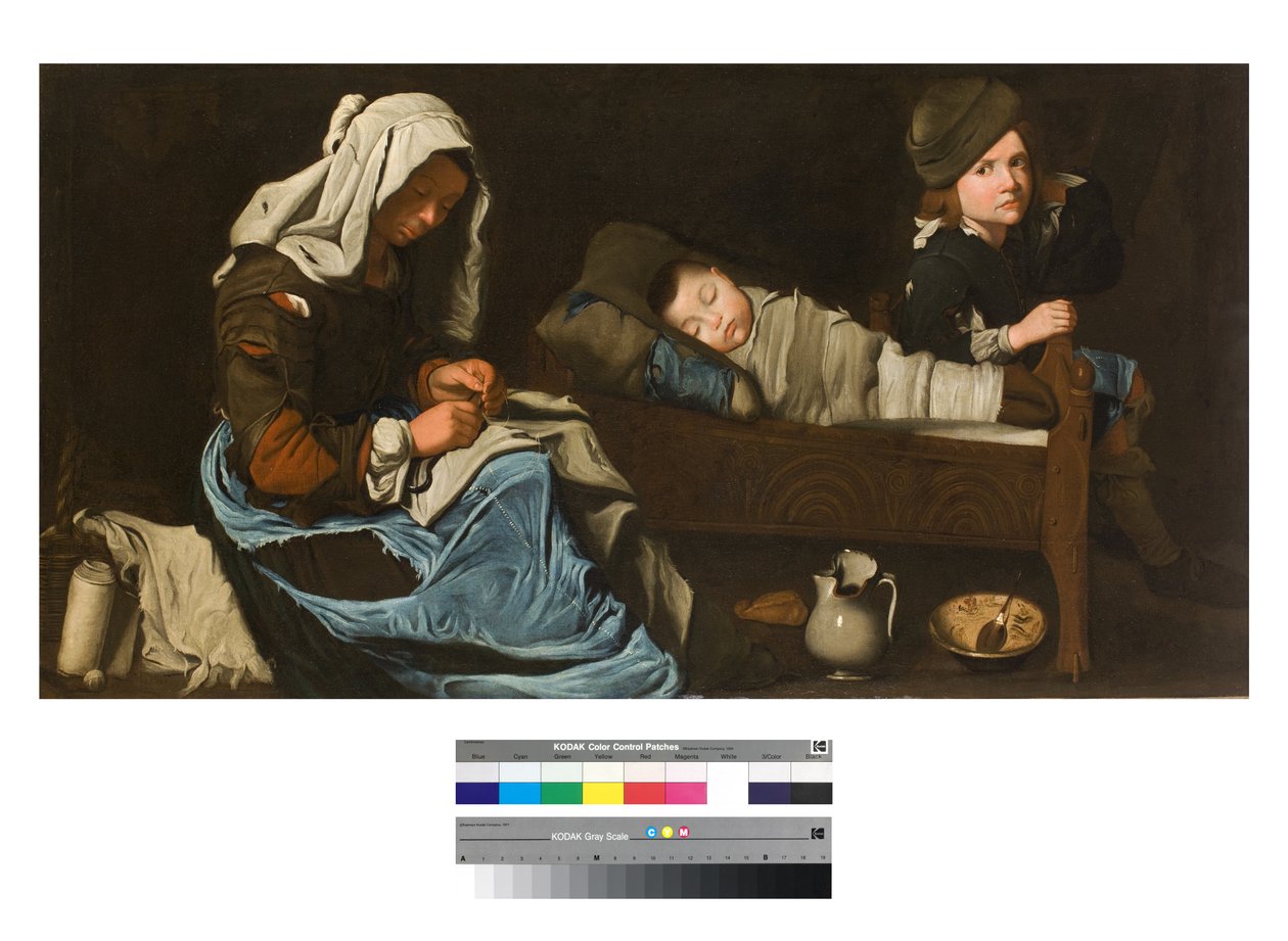 Moeder naaiend met twee kinderen, 1670-1700 door Unbekannt Unbekannt