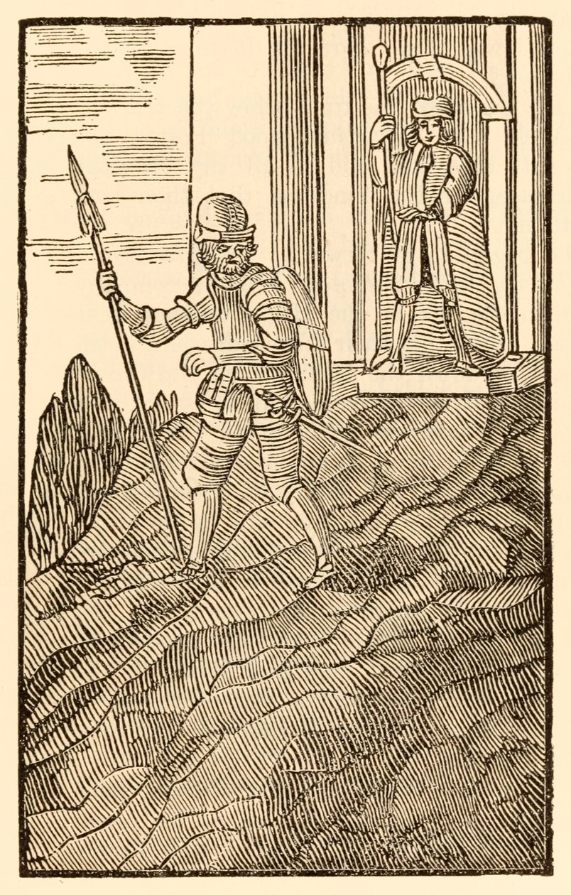 "Terwijl Christian onder zijn godvruchtige vrienden is... Hij is blij met noordelijk staal van top tot teen." uit "De Pelgrimsreis Van Deze Wereld, Naar Die Welke Komt" door John Bunyan door Unknown