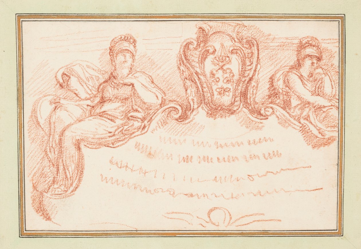 Plafond detail met twee zittende figuren en wapenschild door Unknown