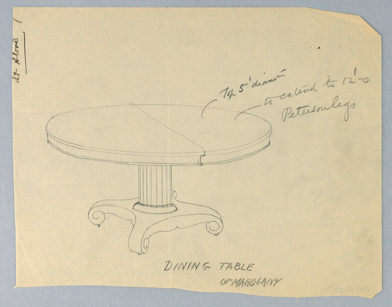 Tekening, Ontwerp voor een ronde eettafel van mahoniehout op rolachtige poten door Unknown
