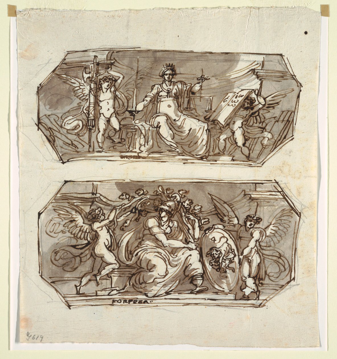 Tekening, Gerechtigheid en Kracht, in twee achthoeken, 1812 door Unknown