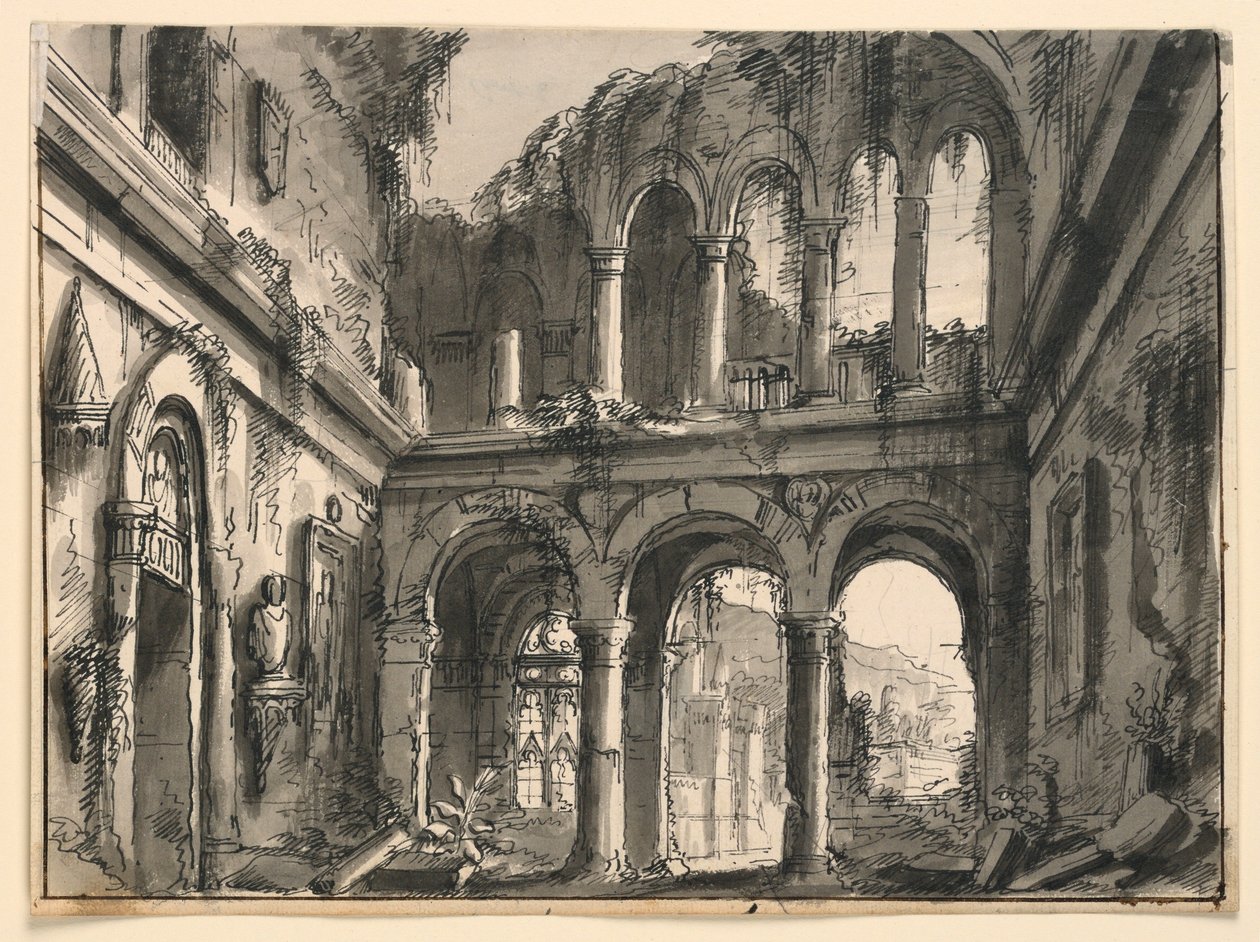 Tekening, Decorontwerp, Interieur van een verwoest Renaissancepaleis, begin 19e eeuw door Unknown