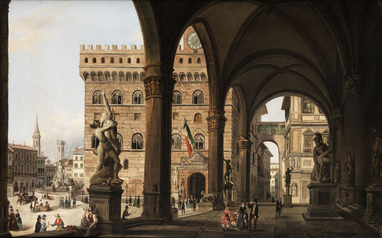 Uitzicht vanaf de Loggia dei Lanzi naar het Palazzo della Signoria in Florence door Unknown