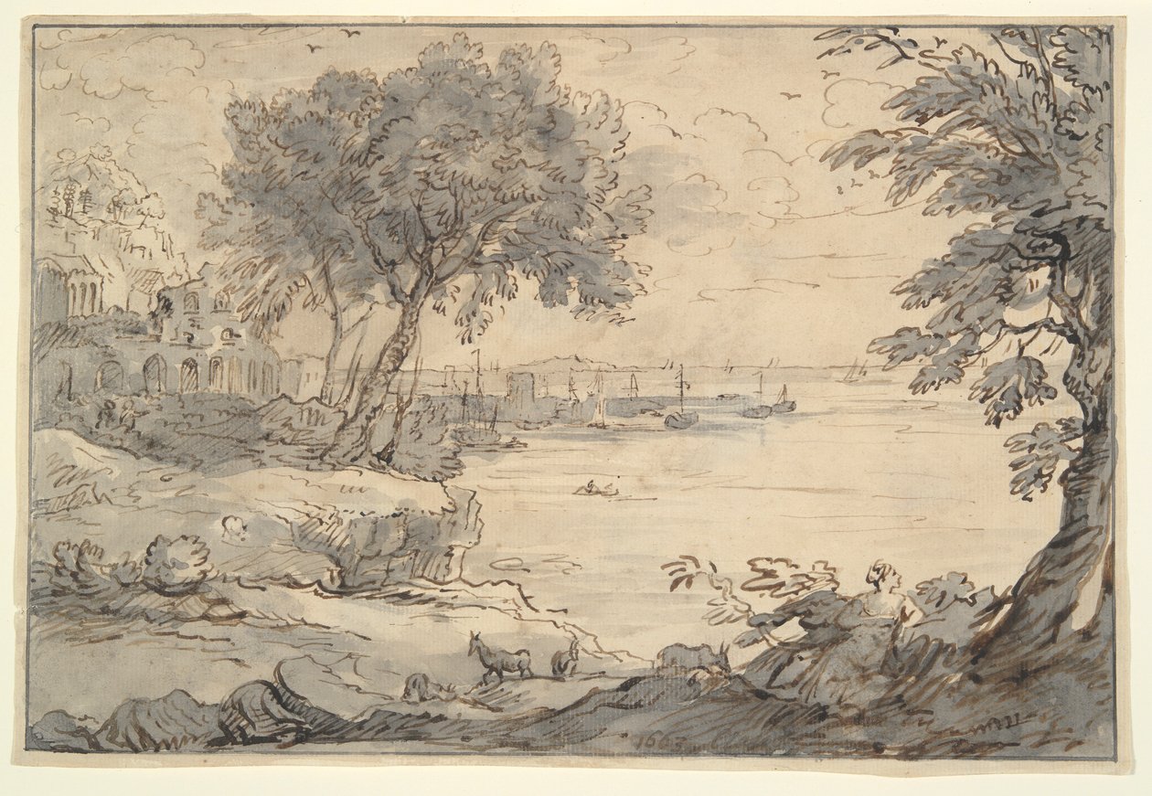 Een kustzicht met ruïnes en schepen door Unknown