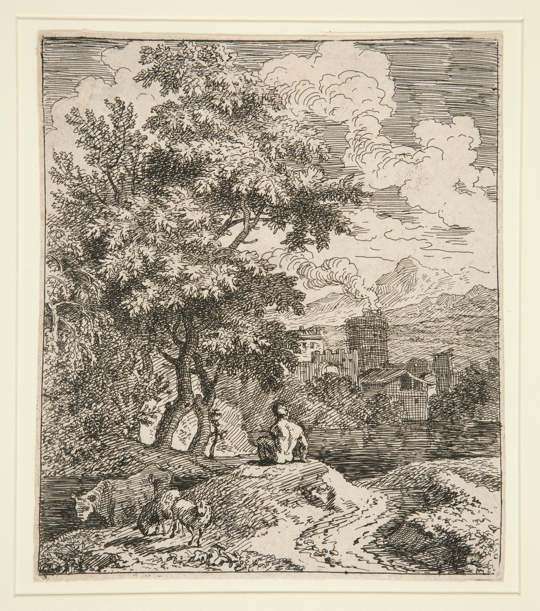 Een herder, twee schapen en een koe in een landschap door Unknown