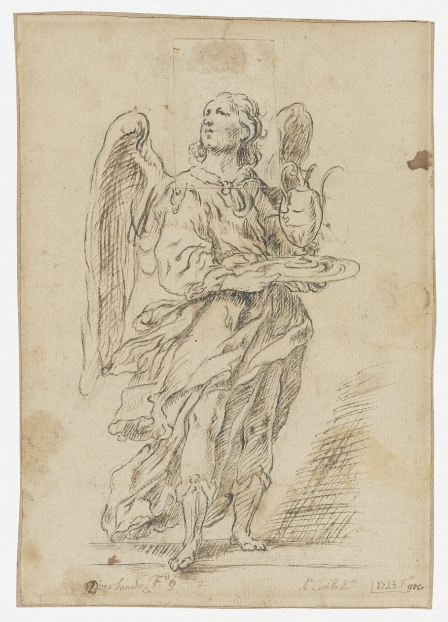 Een engel die een dienblad met een oliekruik vasthoudt door Unknown