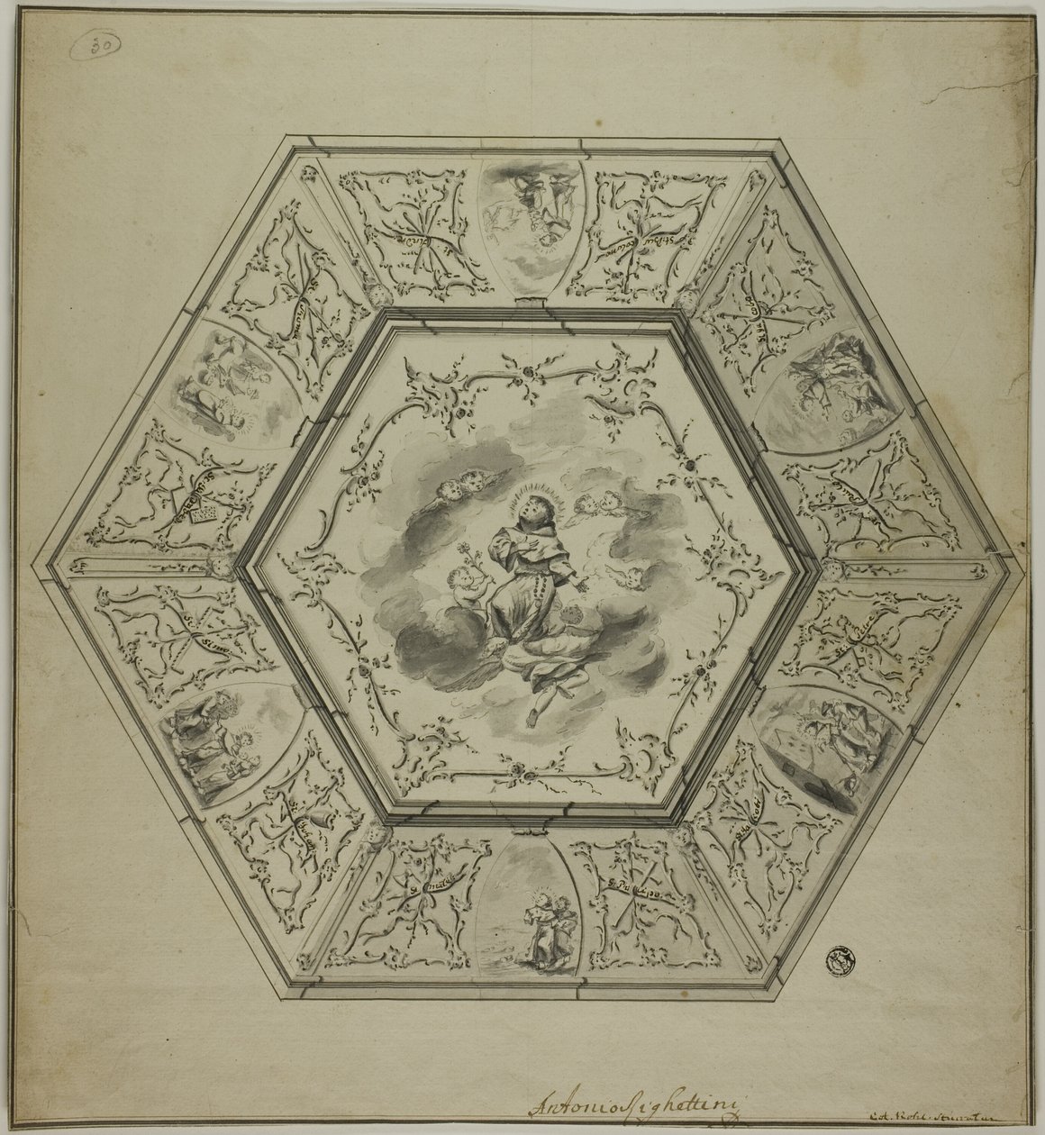 Plafondontwerp met de heilige Antonius van Padua omringd door episodes uit zijn leven en symbolen van het martelaarschap van de apostelen door Unknown