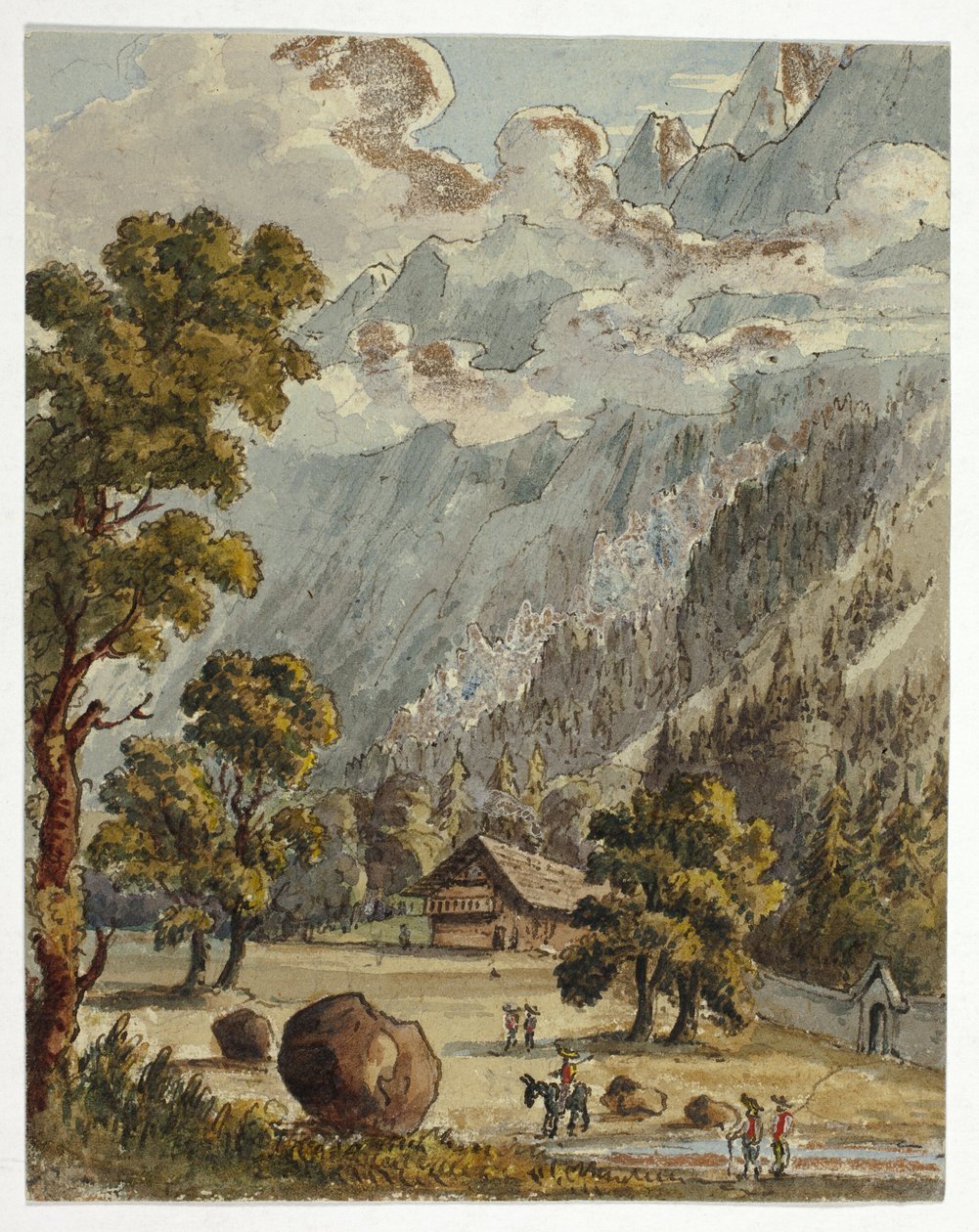 Chalet en tuin onder Alpen (recto); Village  Glacier du Boissons, Chamix (verso) door Unknown