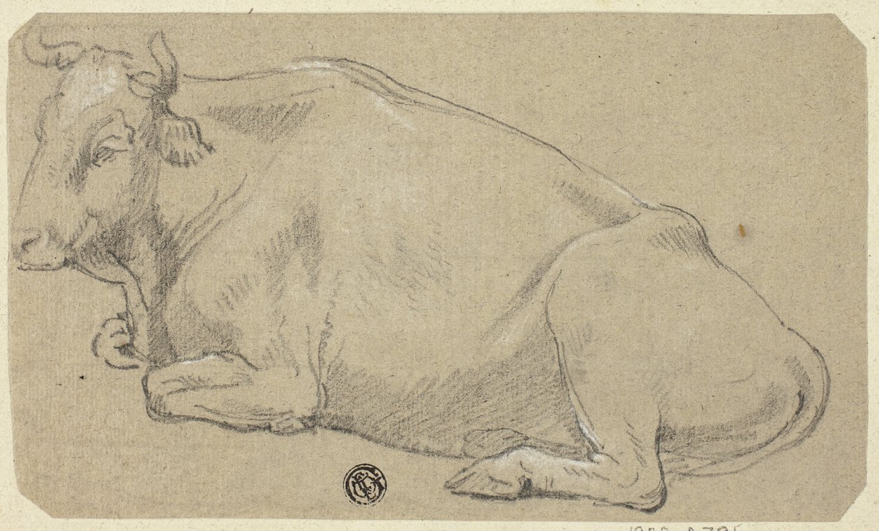 Koe liggend op lendenen (recto); Kop van een vrouw en schets van paardenhoofd (verso) door Unknown