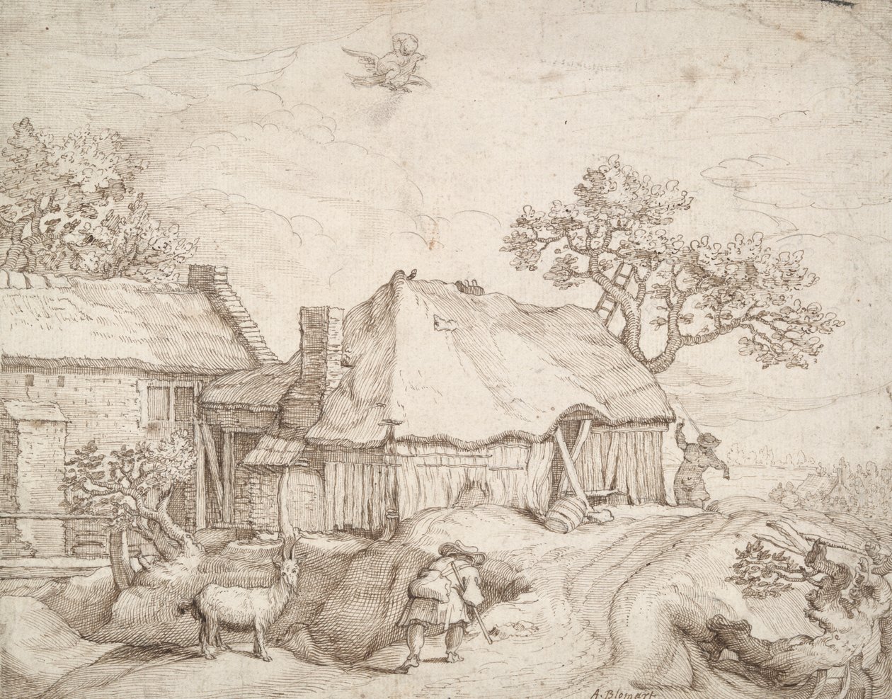 Boerderijgebouwen met Boeren, een Geit, en de Ontvoering van Ganymedes door Unknown