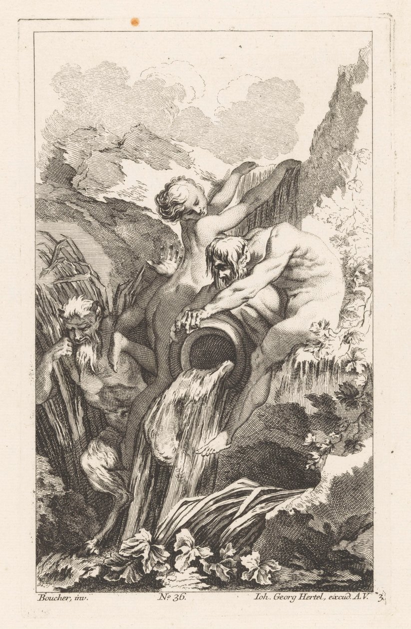 Fontein met man, vrouw en sater door Unknown