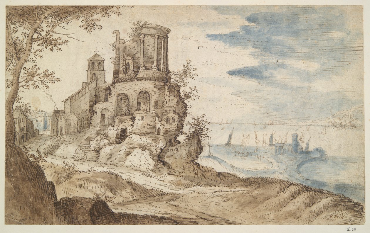 Denkbeeldig landschap met de Tempel van Sibylla, Tivoli door Unknown