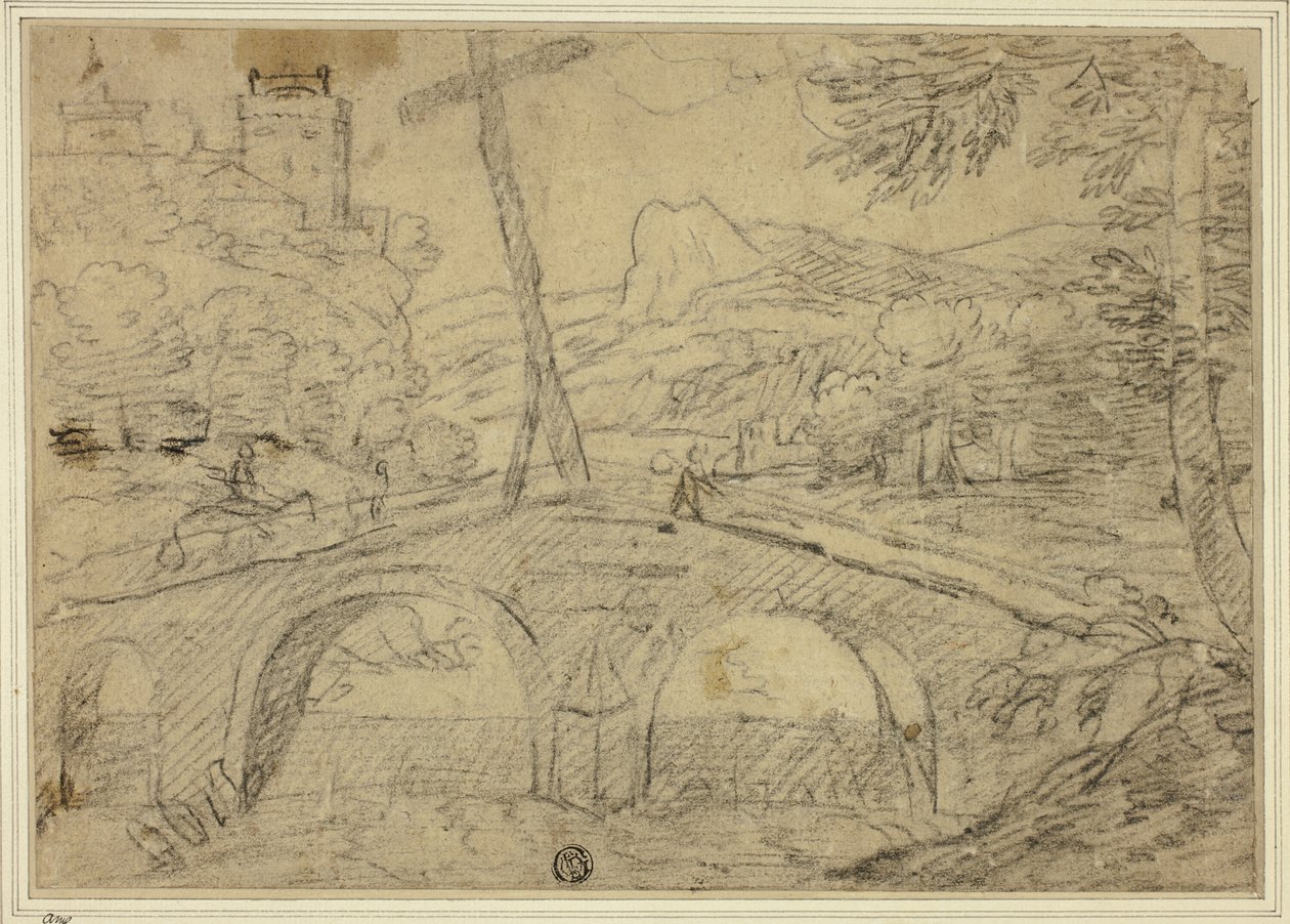 Landschap met Brug (met Kruis) over Kloof, met Bergen en Kasteel in de Verte door Unknown