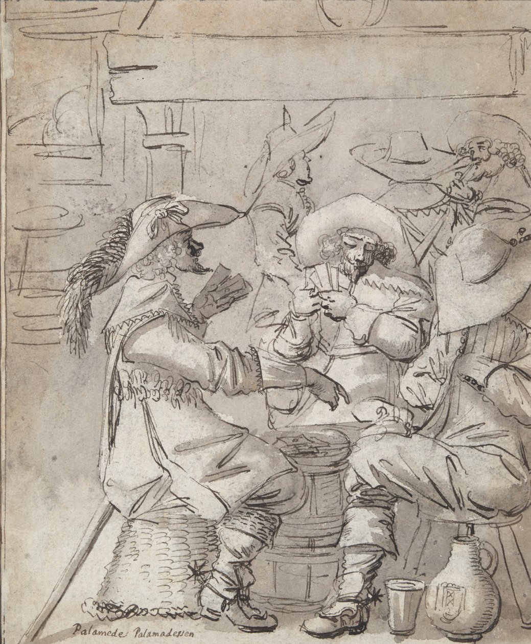 Mannen die kaarten spelen (recto); Herberginterieur met staande man die rookt (verso) door Unknown