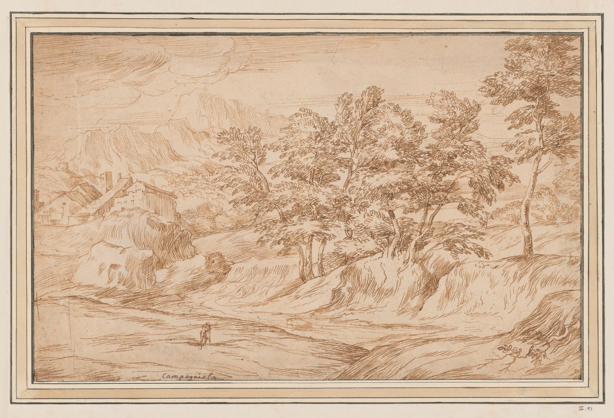 Bergachtig Landschap met Huizen Links en Bomen Rechts door Unknown