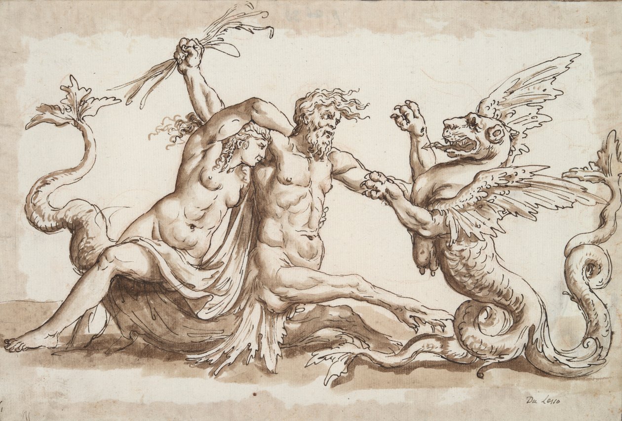 Nereïde en Triton vechten tegen een griffioen door Unknown