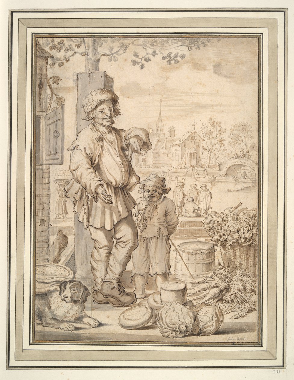 Boerenman en kind op de markt door Unknown