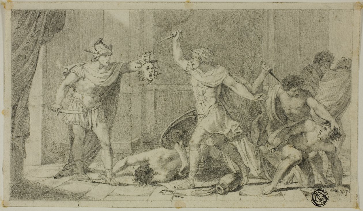 Perseus confronteert Phineas en zijn volgelingen met het hoofd van Medusa door Unknown
