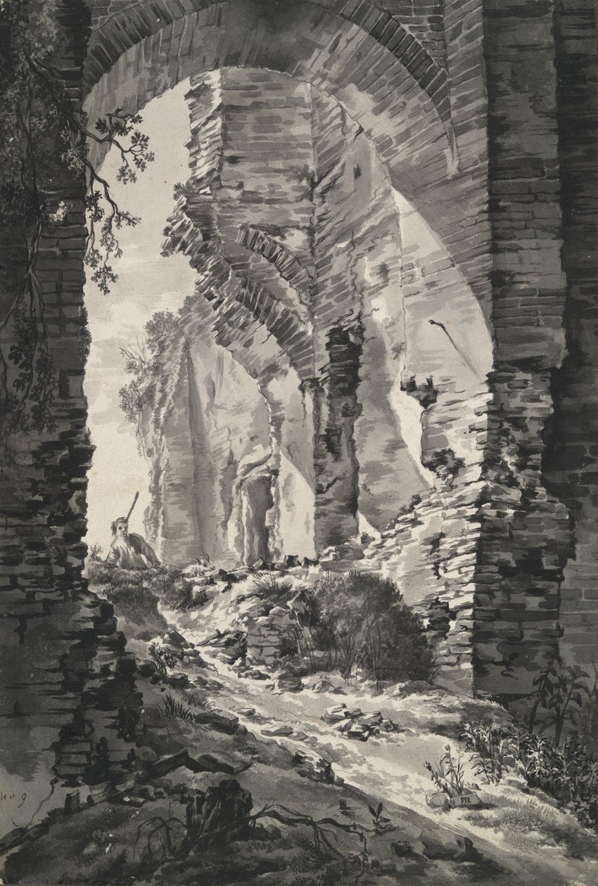 De toegangspoort van de ruïnes van Kasteel Brederode, Nederland, met herder door Unknown