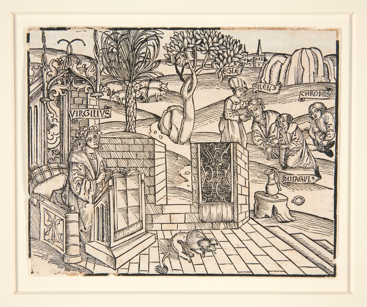 De herders Chromis en Mnasyle binden de slapende Silenus vast. 1502. Uit een geïllustreerde publicatie van Virgil door Unknown
