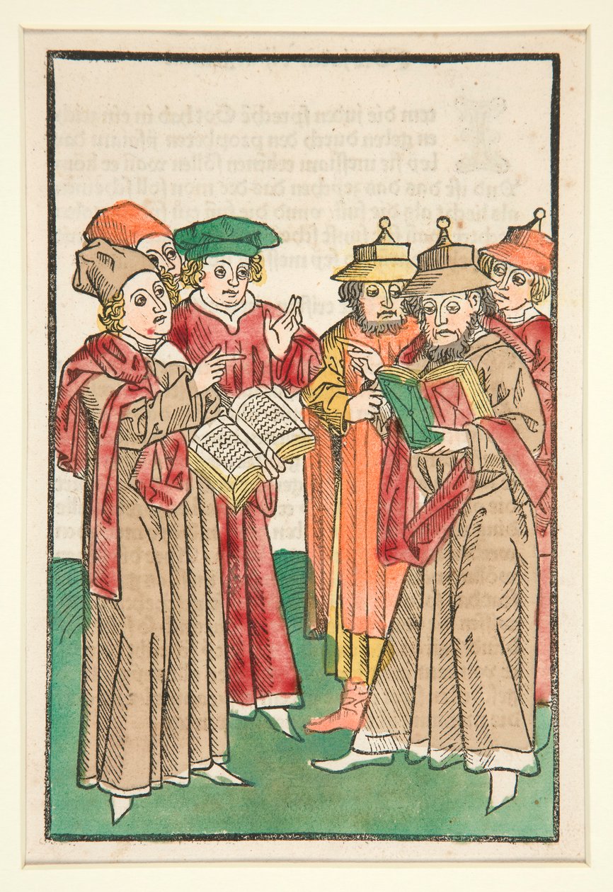 Drie christelijke en drie joodse geleerden in discussie, illustratie uit Der Seelen-Wurzgarten door Unknown