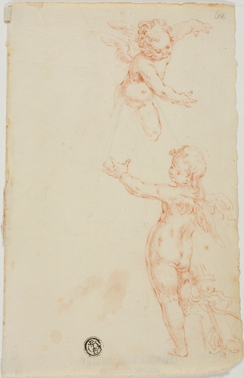 Twee gevleugelde putti, één vliegend door Unknown