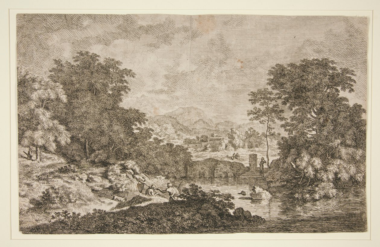 Zonder Titel [Pastorale scène - bergachtig landschap nabij water en vijf figuren] door Unknown