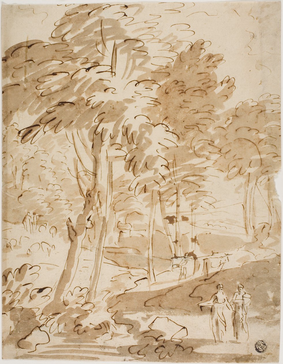 Boslandschap met figuren en dieren door Unknown