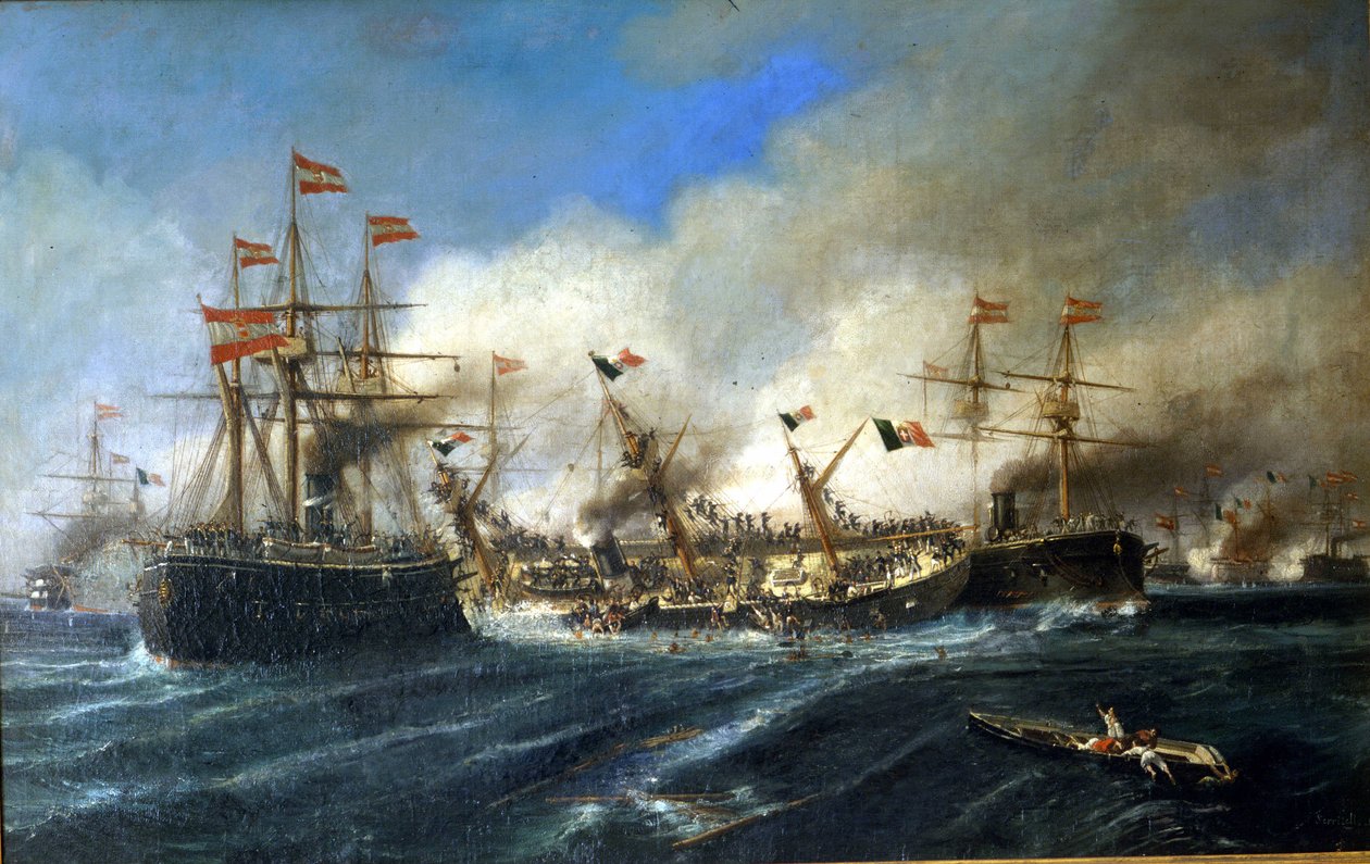 20/07/1866: Slag bij Lissa voor de kust van Dalmatië: de Oostenrijkers vernietigen de Italiaanse vloot. door Unknown artist