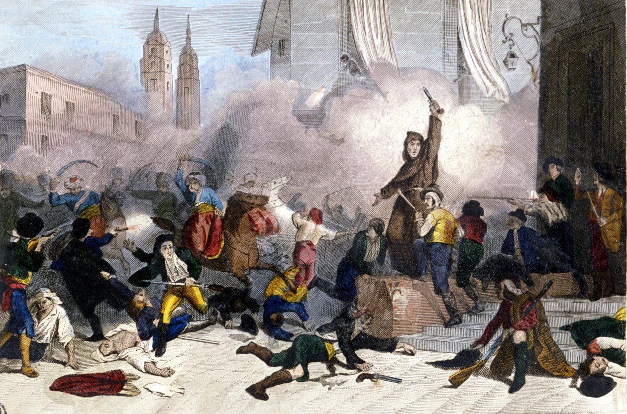 2/05/1808: Opstand in Madrid tegen de Franse overname van Spanje. Gravure uit de 19e eeuw door Unknown artist