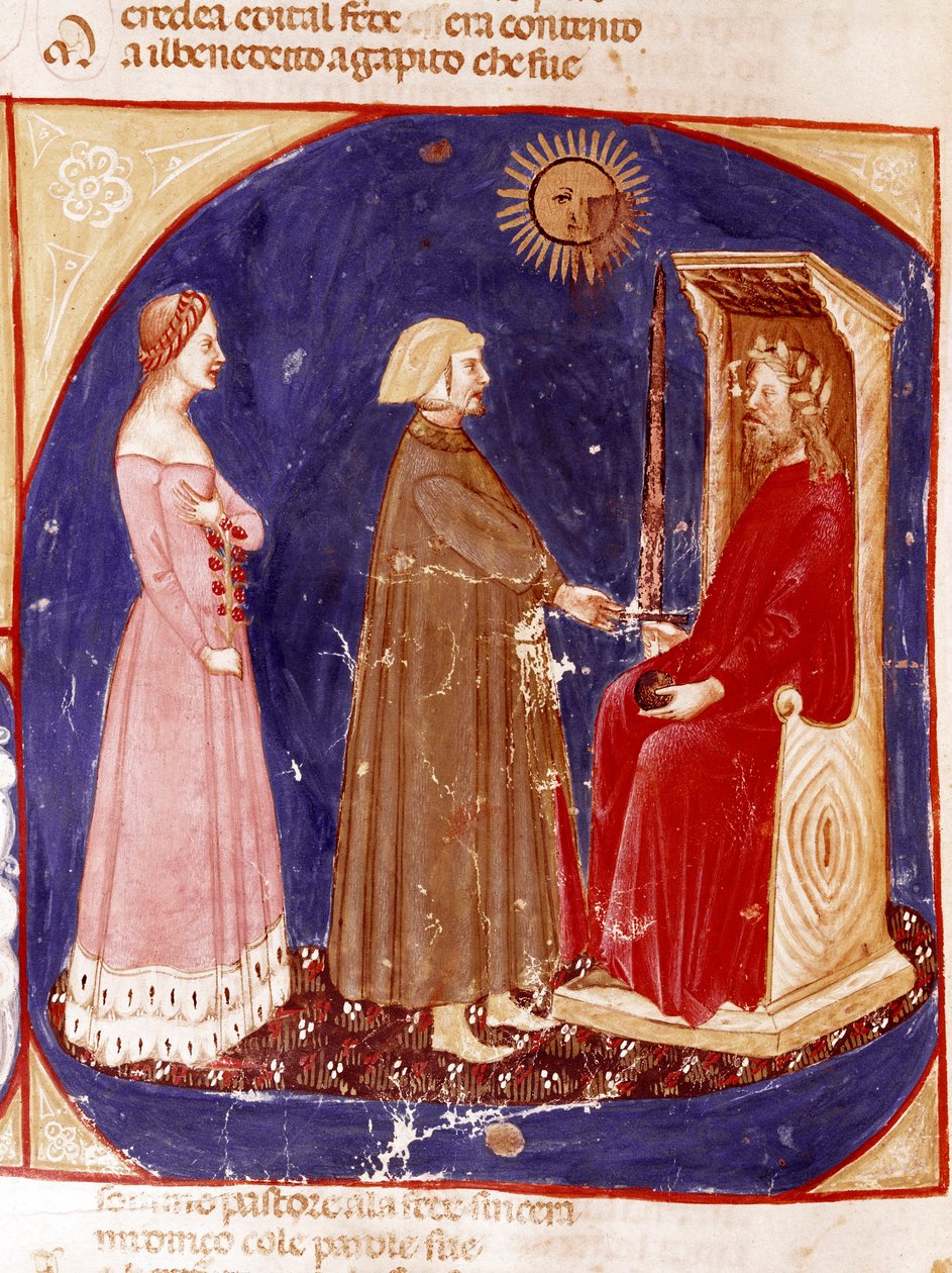Tweede hemel: Dante en Beatrice ontmoeten de Romeinse keizer Justinianus door Unknown artist