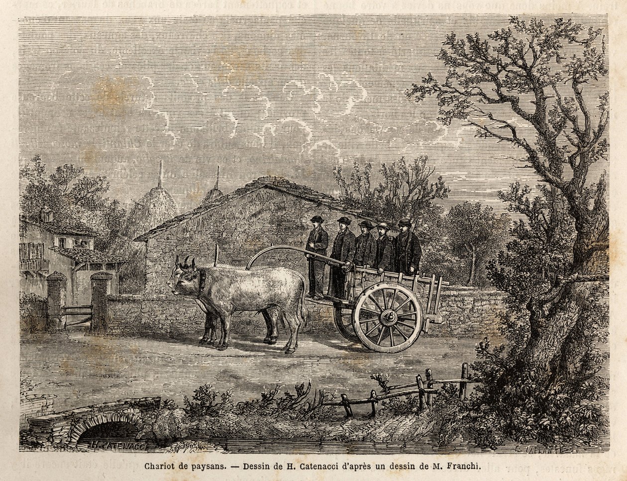 Een Sienese kar van boeren, met twee wielen, voor het transport van wijnvaten, getrokken door een paar kleine witte ossen. Gravure om een reis naar Siena (Italië) in 1865 te illustreren, in 
