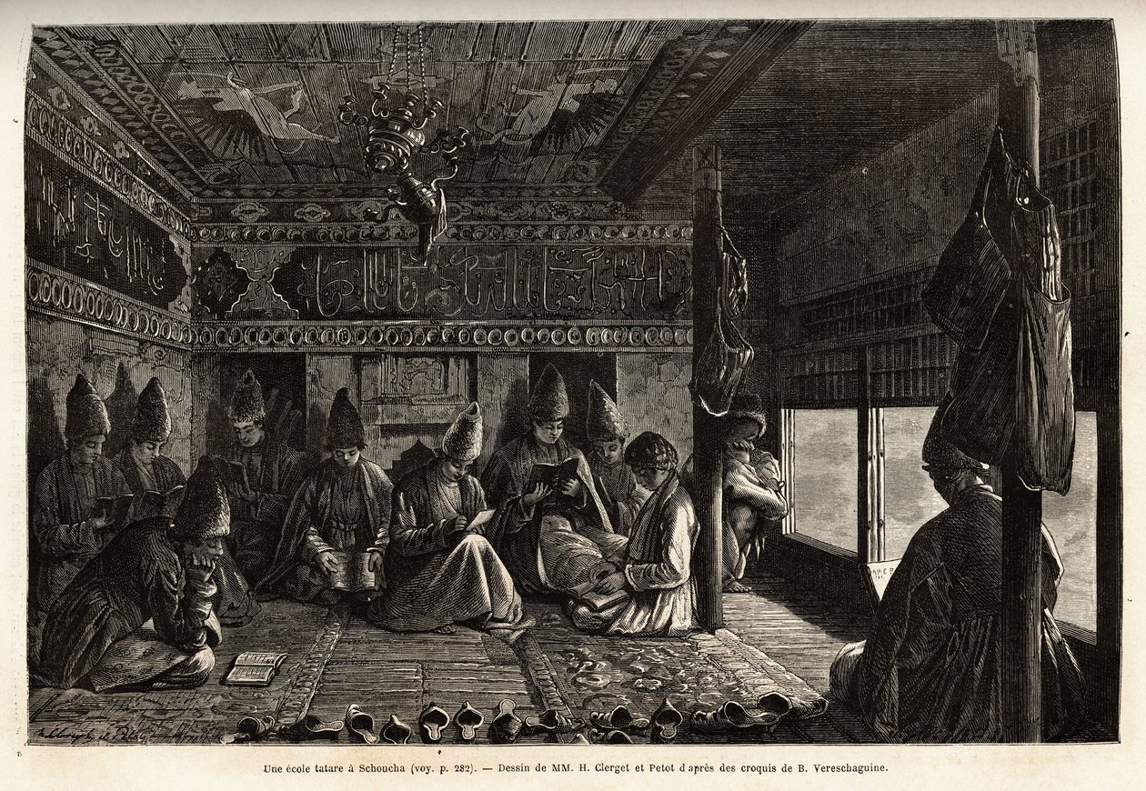 Een Tataarse school in Schusha (Transkaukasië, Rusland), onderwijs wordt gegeven aan jongens door de mullah, en bestaat uitsluitend uit lezen en schrijven, evenals commentaar op de verzen van de Koran. Gravure ter illustratie van de reis in de provincies v door Unknown artist