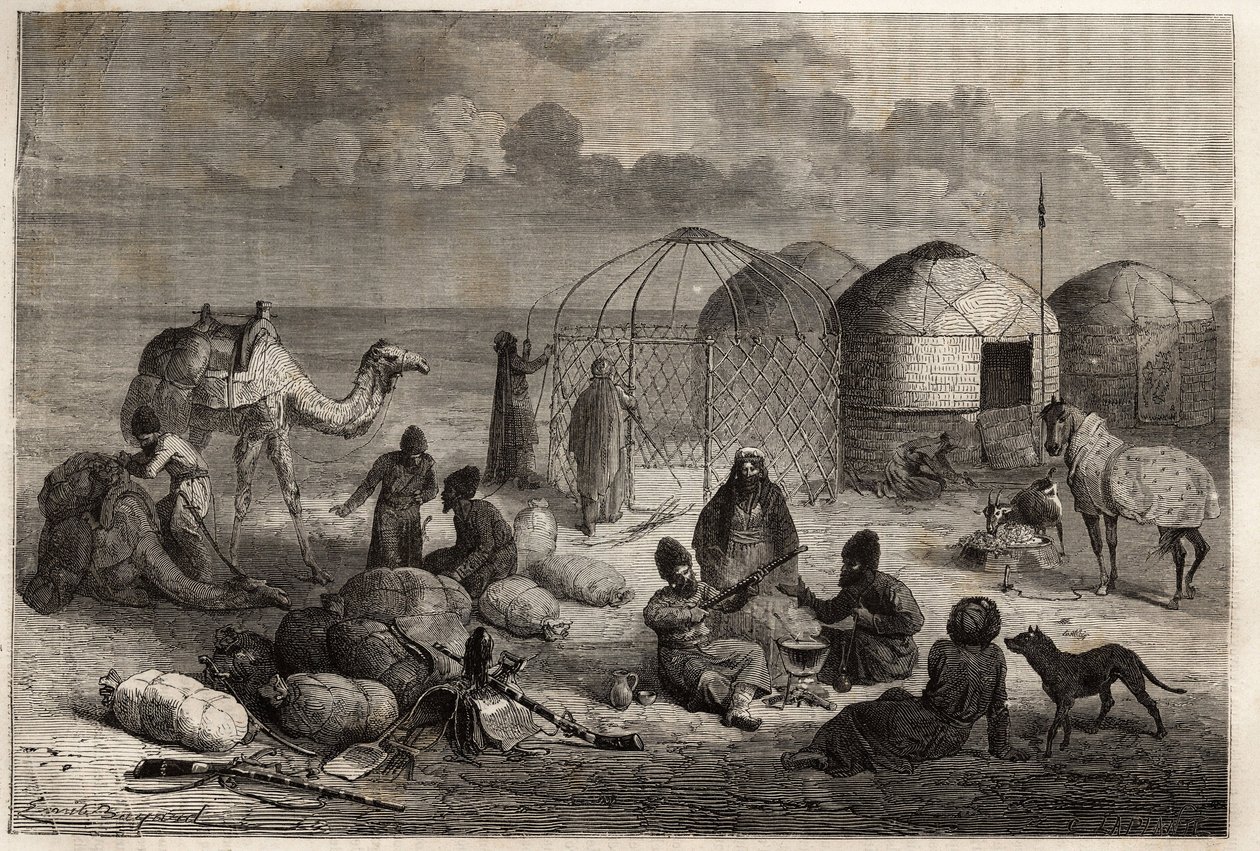 Een Turcoman kamp in het grensgebied van Turkestan en Perzië, elke tent, gemaakt van houten traliewerk en bedekt met vilt, herbergt een gezin. Gravure ter illustratie van het verhaal van Henri de Blocqueville 