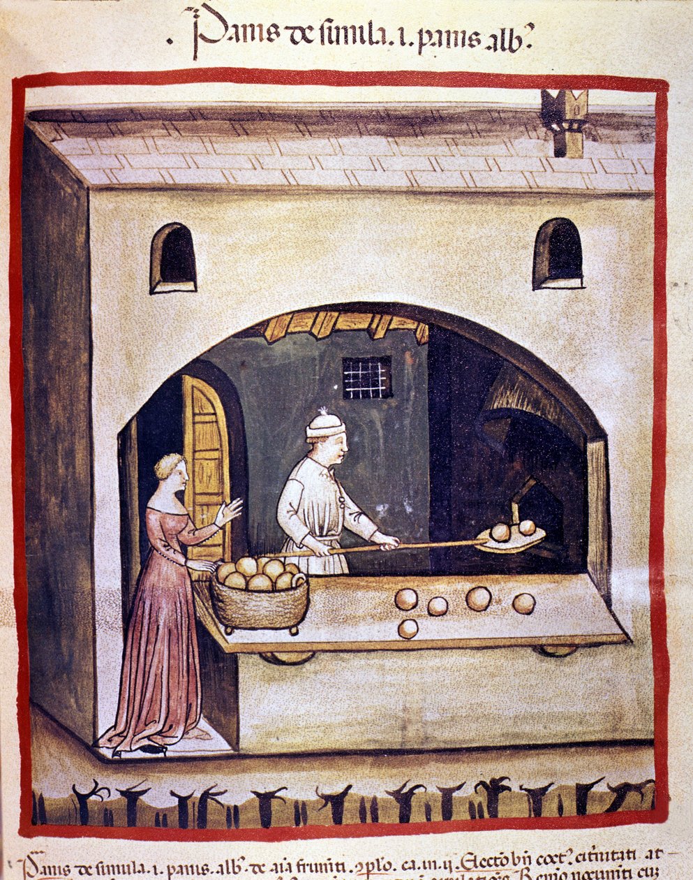 Een bakker bereidt wit brood en griesmeelbrood. Verlichting uit de melk van geneeskunde en diëtetiek “Tacuinum sanitatis” door Unknown artist