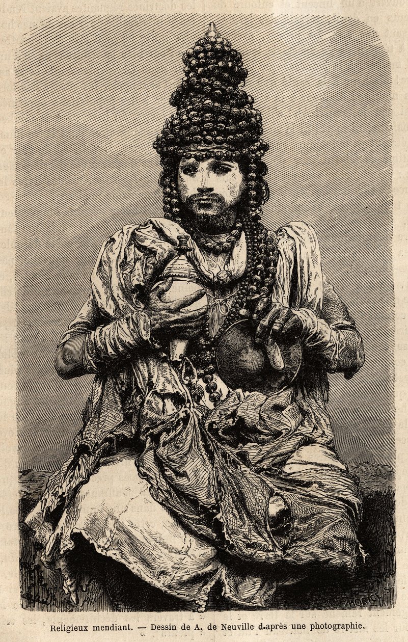 Een bedelmonnik. Gravure ter illustratie van de reis in de zuidelijke provincies van India, door Alfred Grandidier, in 1862-1864, gepubliceerd in 