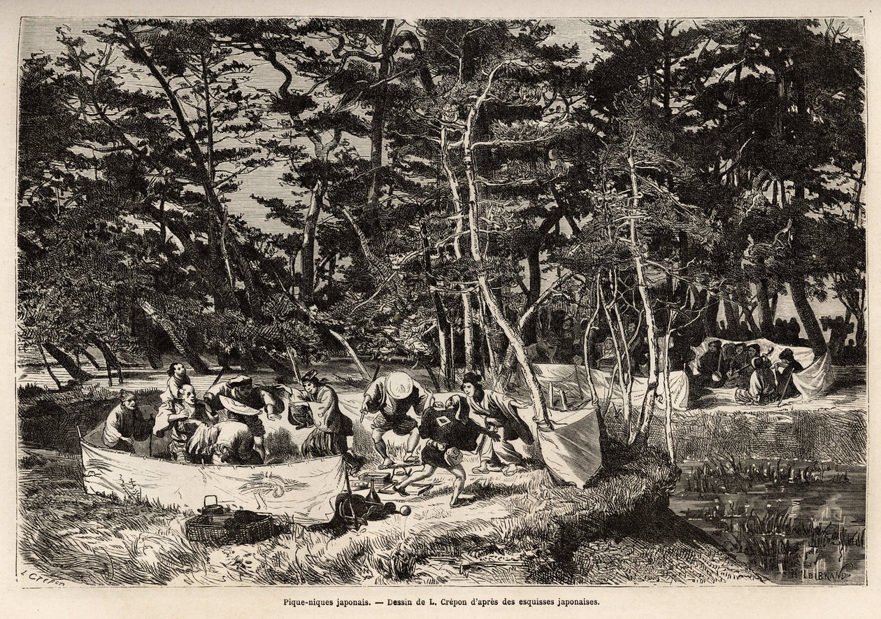 Een bourgeois picknick in de buitenwijken van Edo (het huidige Tokio), binnen een stoffen omheining, gasten, meestal twee families, delen hun maaltijd en vaak geschikt voor de gelegenheid voor muzikanten, dansers en pantomimes. Gravure ter illustratie van  door Unknown artist