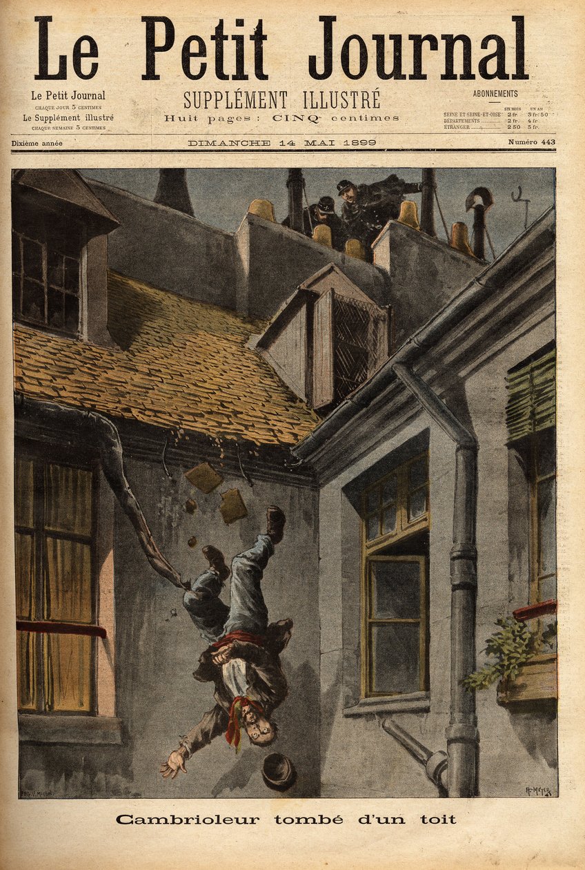 Een inbreker valt van de daken van de Notre Dame-straat in Nazareth door Unknown artist