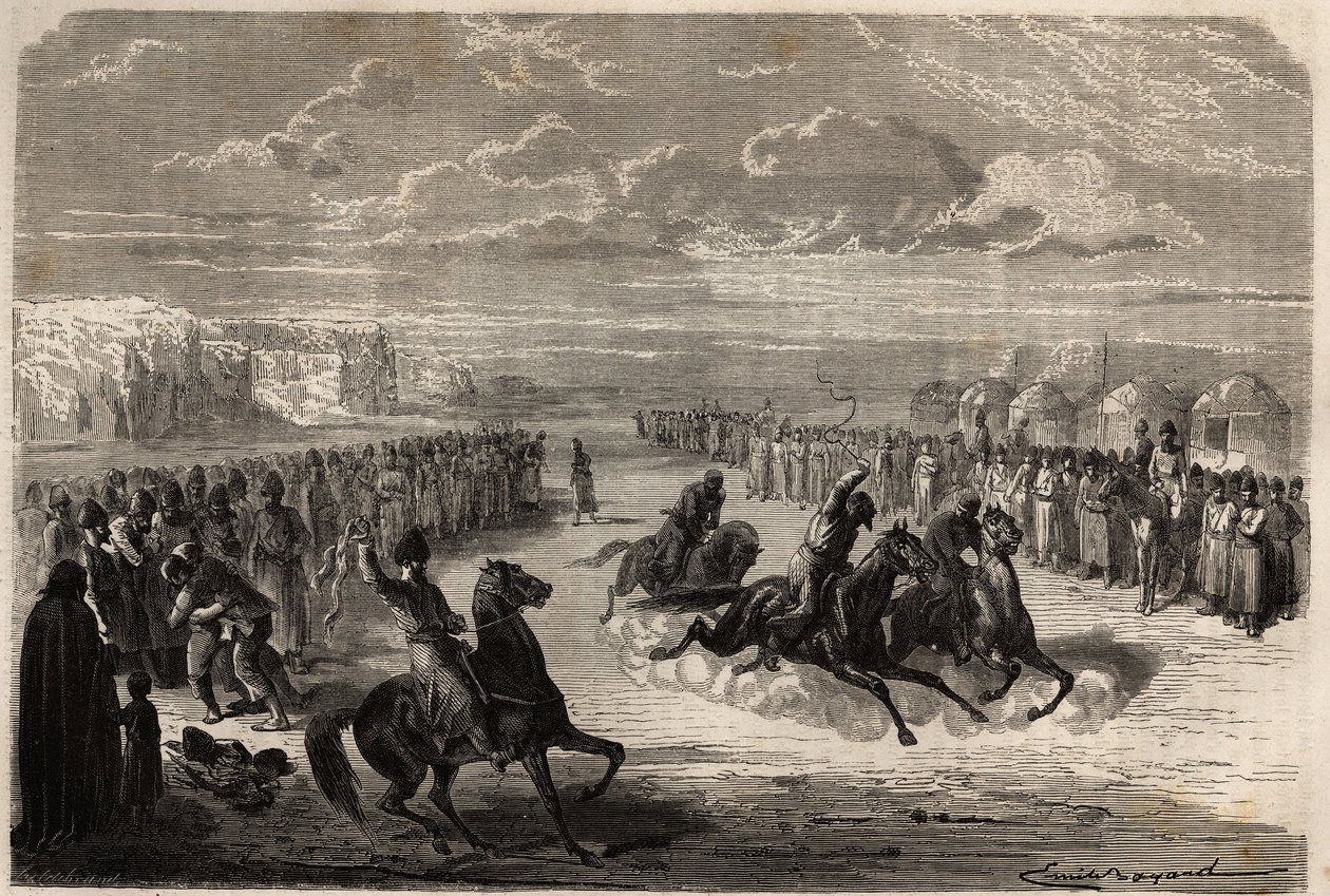 Een wedstrijd van worstelen met blote handen en een paardenrace onder de Turkmenen door Unknown artist