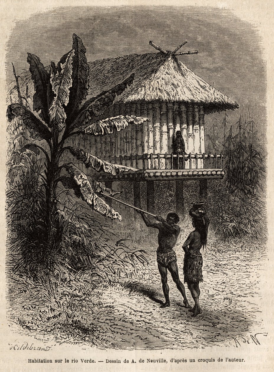 Een stel Indianen uit Rio Verde (Brazilië) de man met zijn blaaspijp, voor een typisch huis op palen. Gravure ter illustratie van de reis naar Nieuw-Granada, door Dr. Saffray, in 1869, gepubliceerd in 