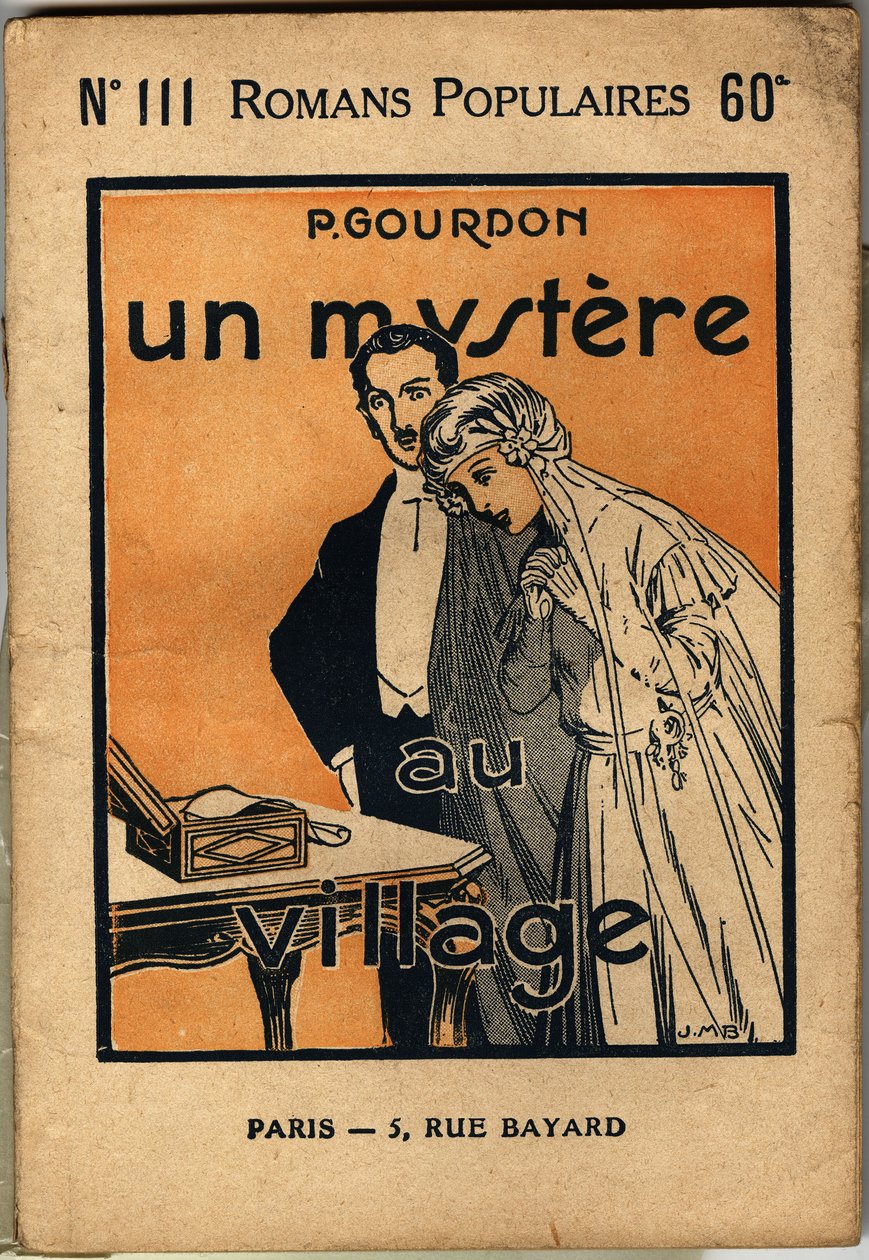Een stel jonge bruiden ontdekt een brief die de vrouw blij maakt, maar de man enorm verrast. Omslagillustratie voor de populaire roman "Un mystere au village" van P. Gourdon, editie bonne presse, Parijs 1923. Selva collectie. door Unknown Artist