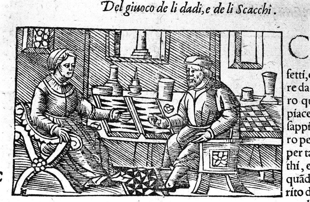 Een paar dat dobbelstenen speelt. Gravure naar 
