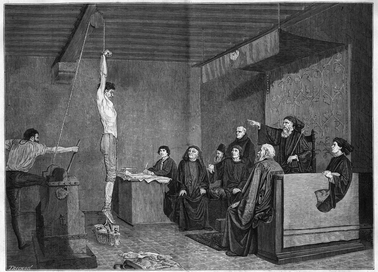 Een rechtbank in de 15e eeuw - ondervraging. De vraag wordt opgehangen met gewichten aan de voeten. Gravure naar het schilderij van Adolphe Steinheil gepresenteerd op de Salon van 1875 door Unknown artist